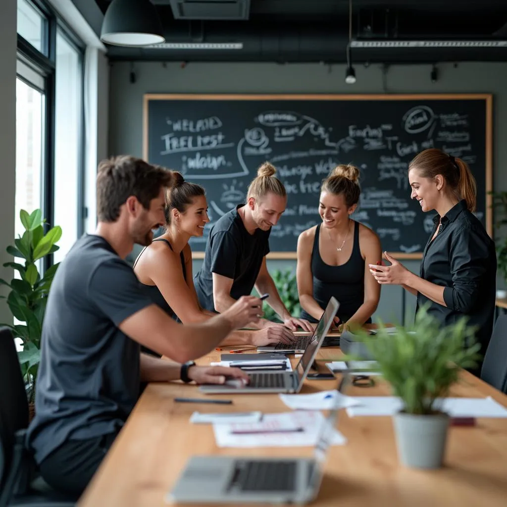 Equipo de eliminationsnuy discutiendo la misión de la empresa